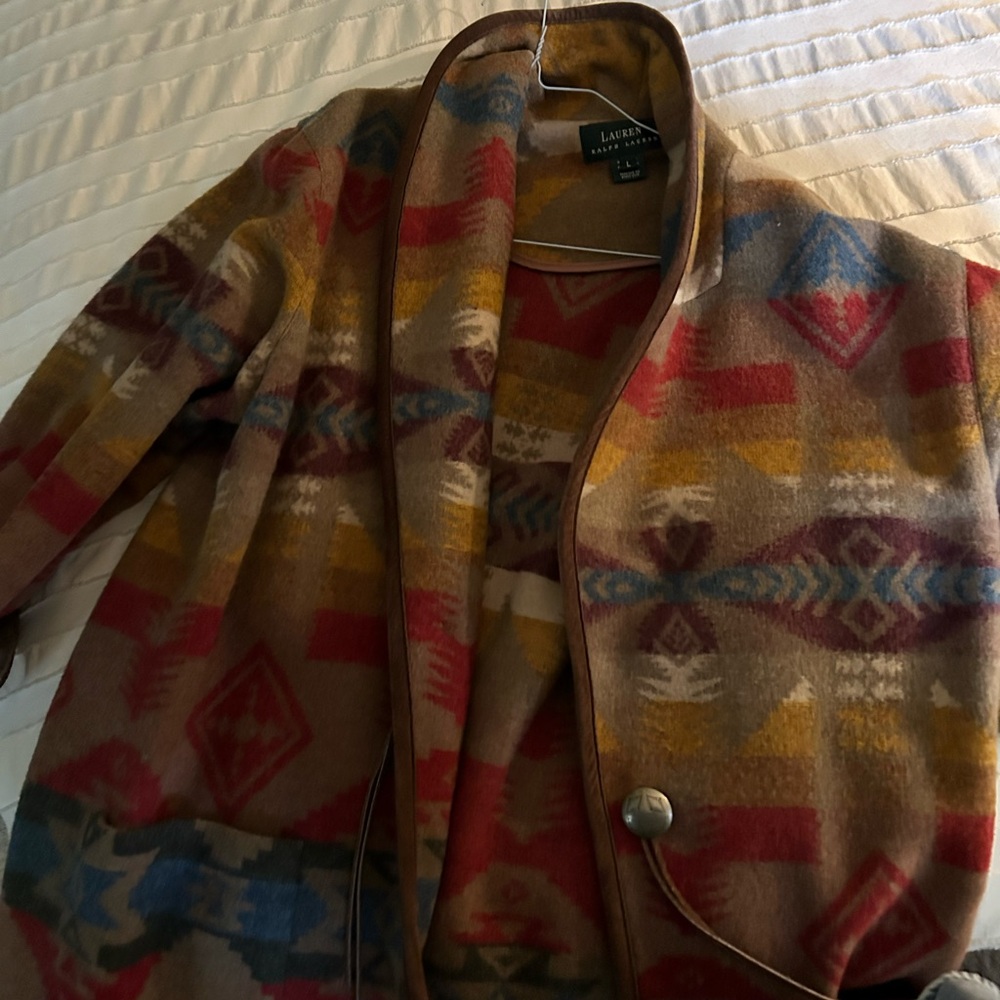 Ralph Lauren Wool Southwestern Blanket Jacket Coat Suede Trim